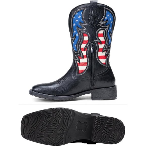 Men\'s Black 1 Western Boot Side Zipper American Flag Retro Square Toe Mid-Calf main image 5